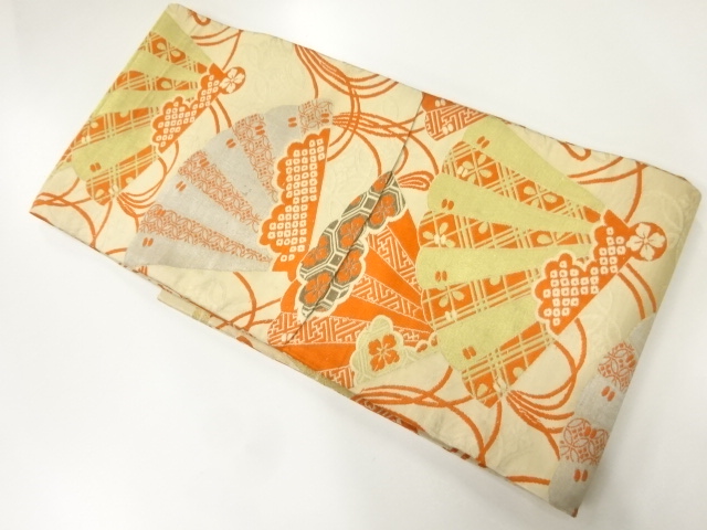 JAPANESE KIMONO / ANTIQUE OBI FOR KIDS / SILK / WOVEN FOLDING FAN & FLOWERS